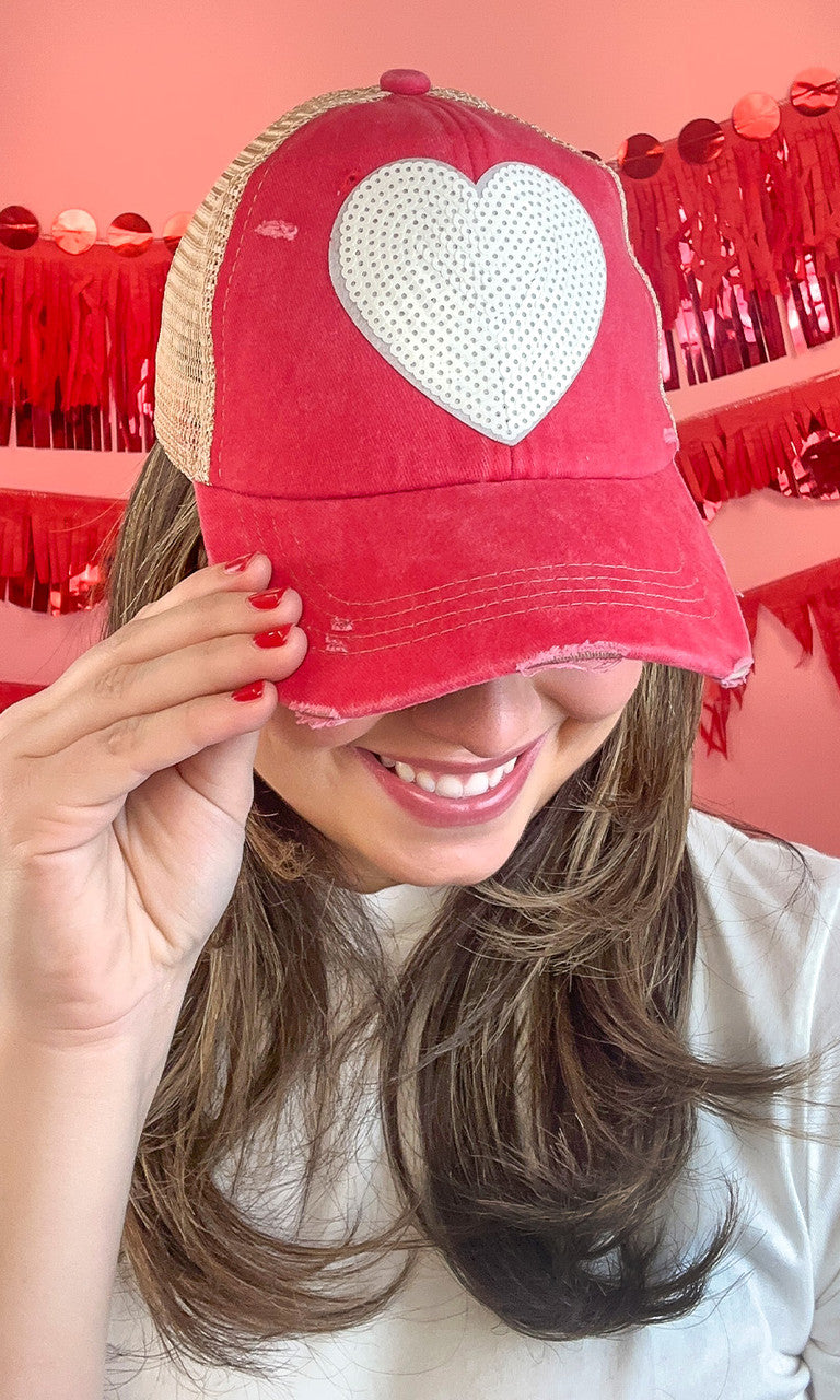 Sequin Heart Vintage Washed Hat