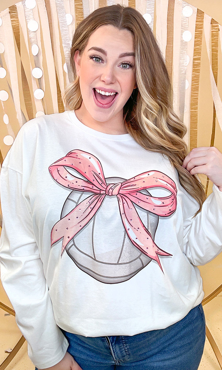 Volleyball Pink Bow Rhinestone Graphic Long Sleeve Shirt