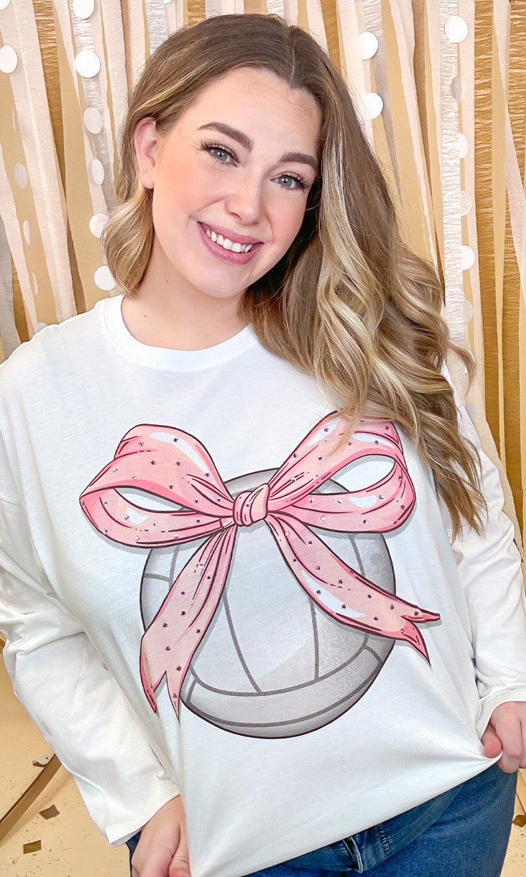 Volleyball Pink Bow Rhinestone Graphic Long Sleeve Shirt