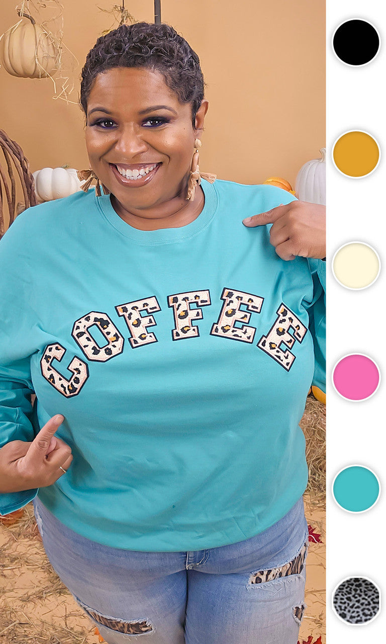 Leopard Ideal Chenille Coffee Graphic Boyfriend Long Sleeve T-Shirt