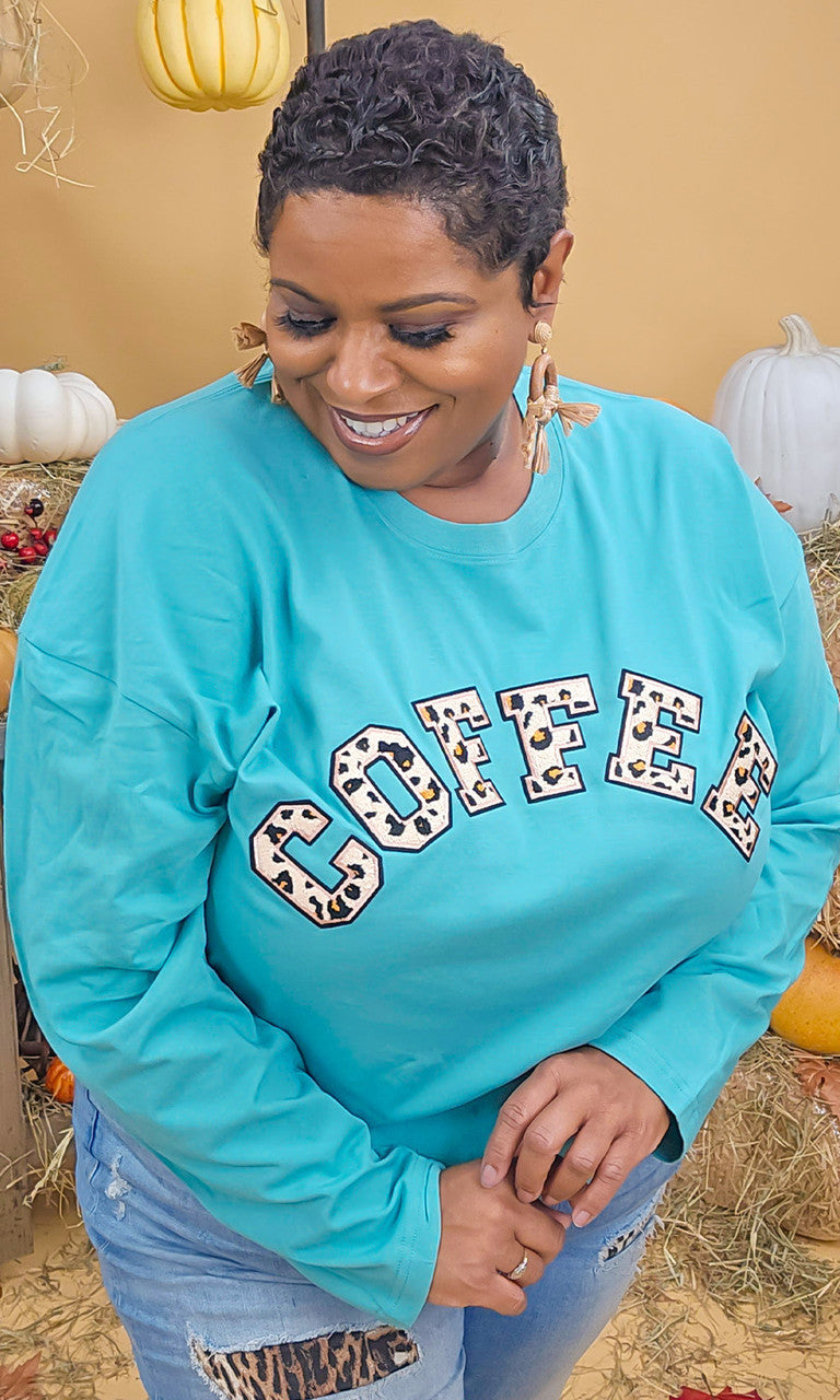 Leopard Ideal Chenille Coffee Graphic Boyfriend Long Sleeve T-Shirt