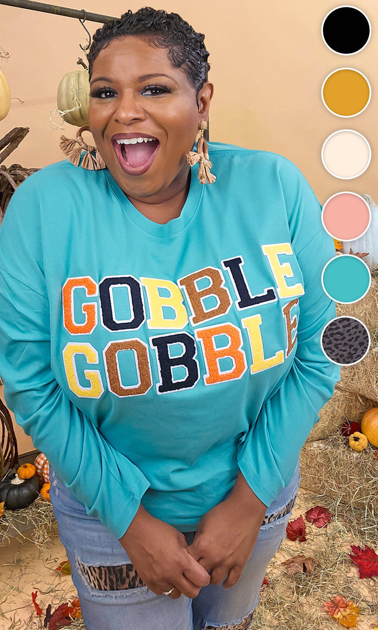 Soft Chenille Gobble Gobble Graphic Boyfriend Long Sleeve T-Shirt