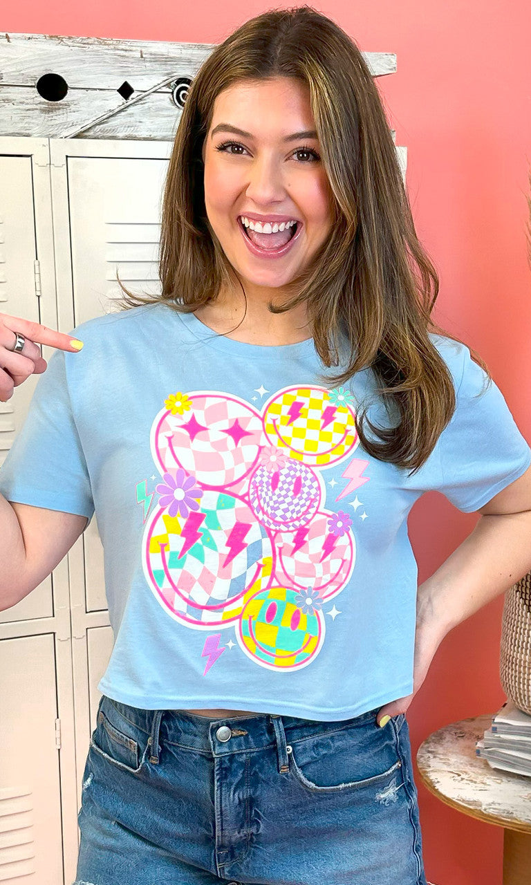 Checkerboard Smiley Face Graphic Crop Top