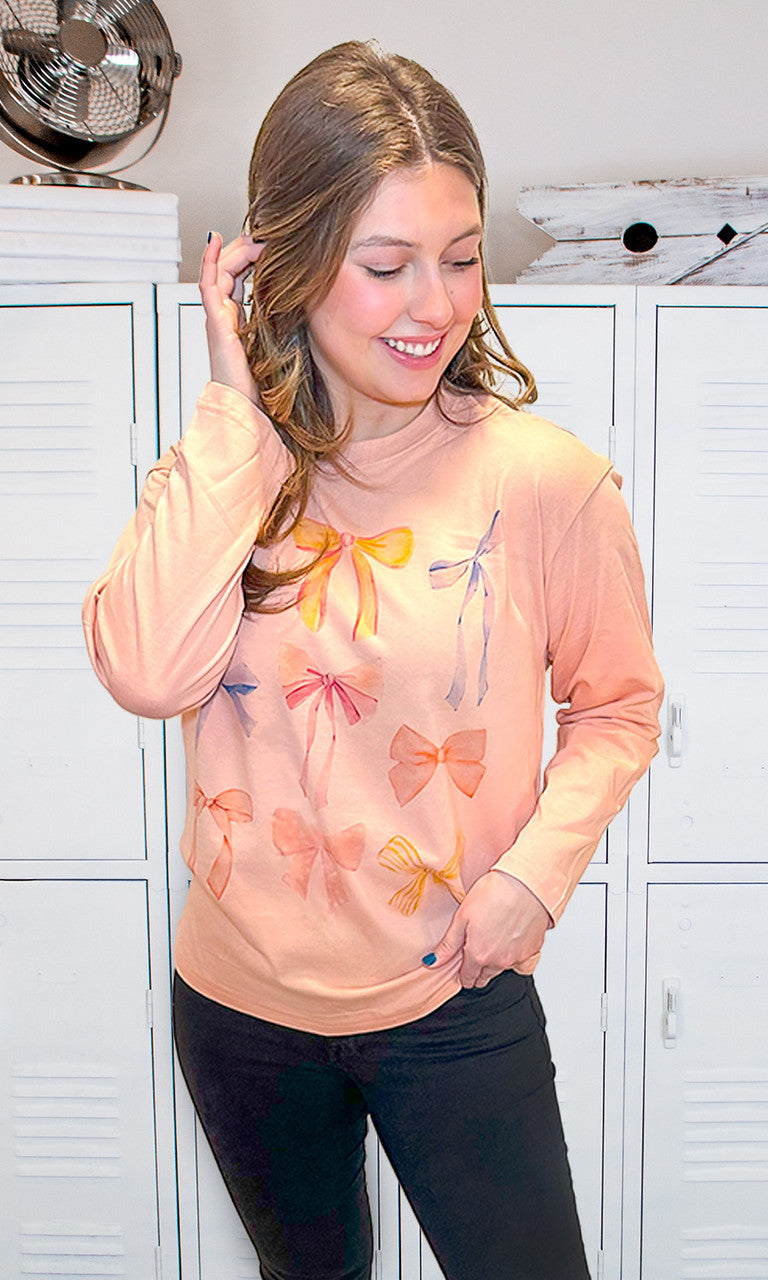 Pastel Bow Long Sleeve Graphic T-Shirt