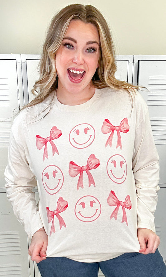Smiley Bow Long Sleeve Graphic T-Shirt