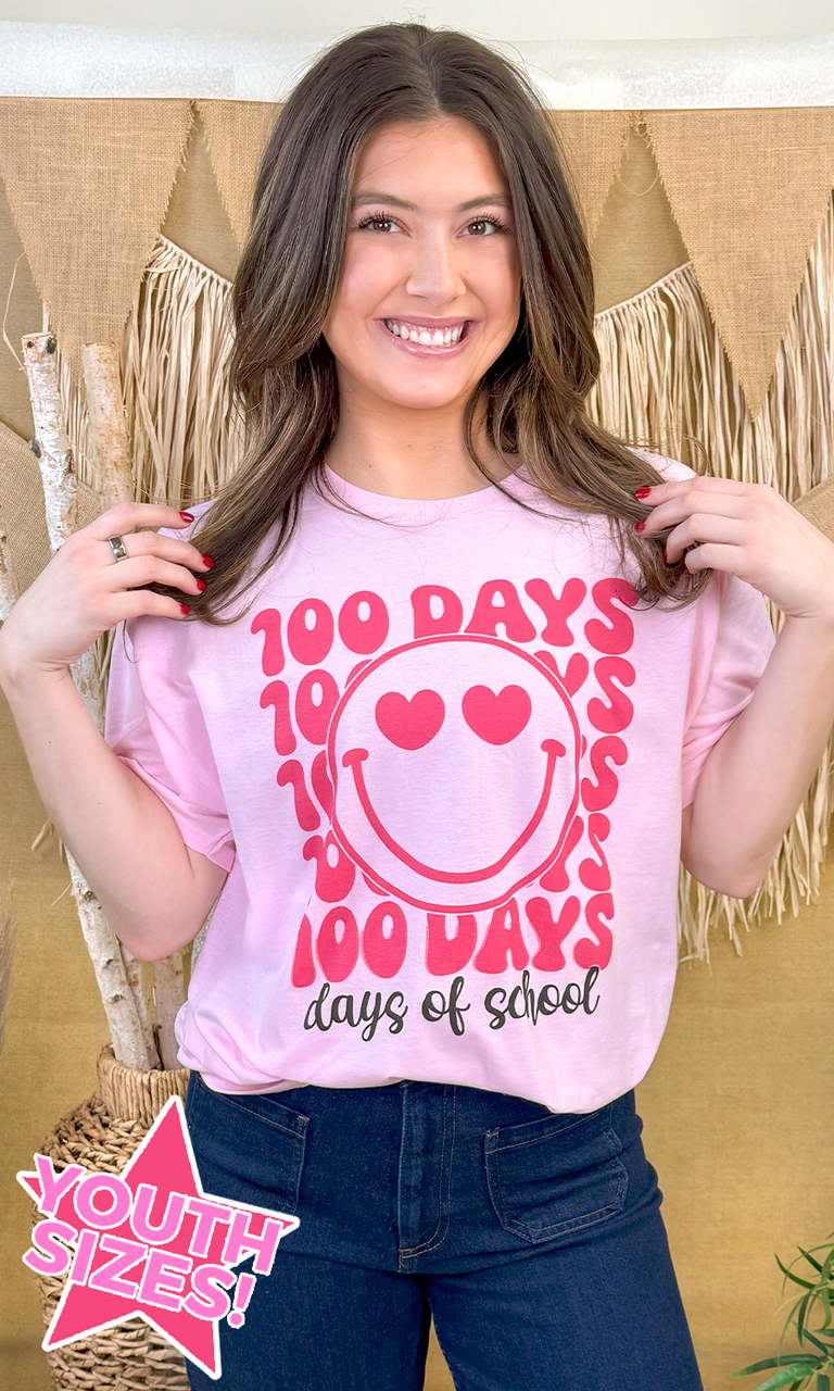 100 Days Pink Smiley Teacher Graphic T-Shirt