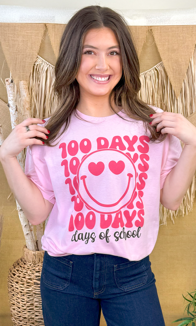 100 Days Pink Smiley Teacher Graphic T-Shirt