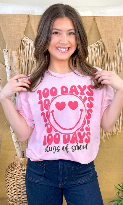 100 Days Pink Smiley Teacher Graphic T-Shirt