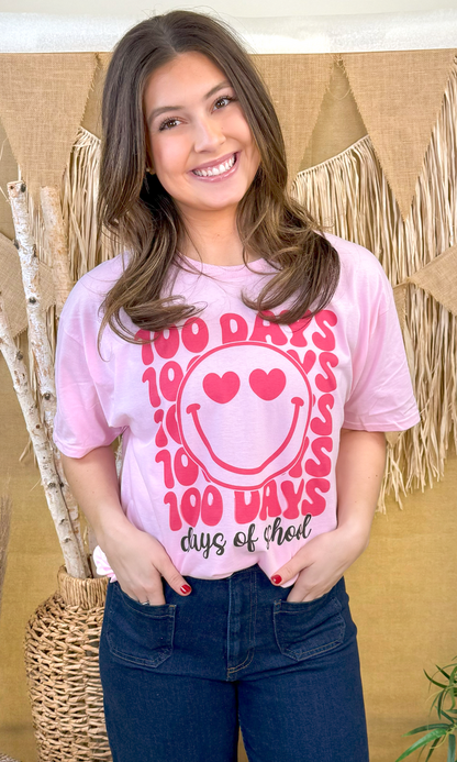 100 Days Pink Smiley Teacher Graphic T-Shirt
