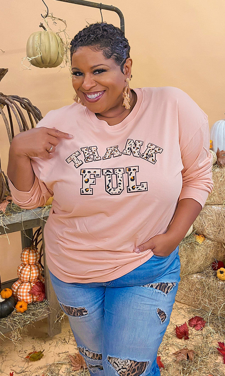 Leopard Ideal Chenille Thankful Graphic Boyfriend Long Sleeve T-Shirt