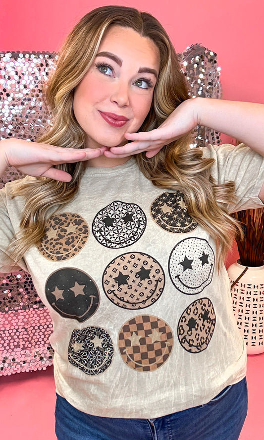 Preppy Smiley Mineral Washed Taupe Graphic Shirt