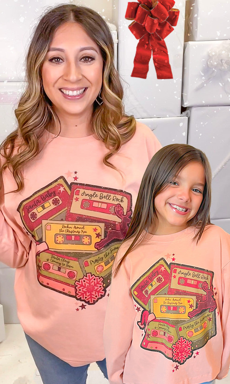 Christmas Cassettes Graphic Boyfriend Long Sleeve T-Shirt