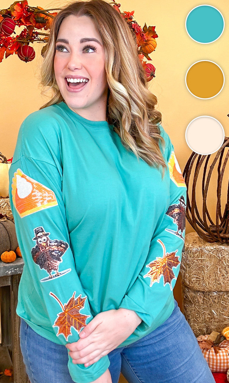 Thanksgiving Sparkle Sleeve Boyfriend Long Sleeve T-Shirt
