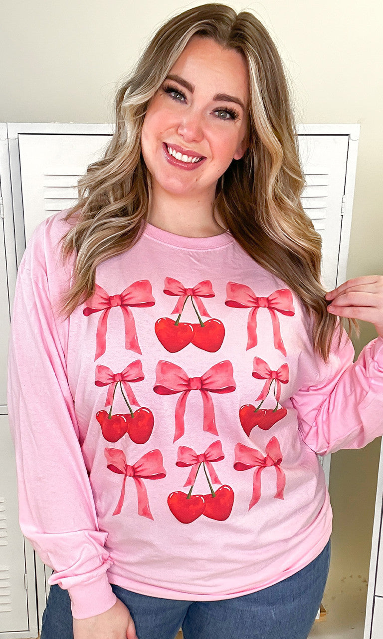 Multi Cherry Bow Long Sleeve Graphic T-Shirt