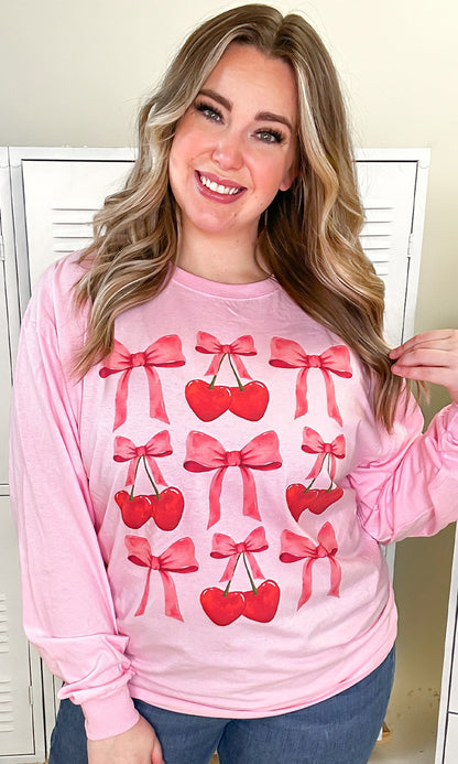 Multi Cherry Bow Long Sleeve Graphic T-Shirt