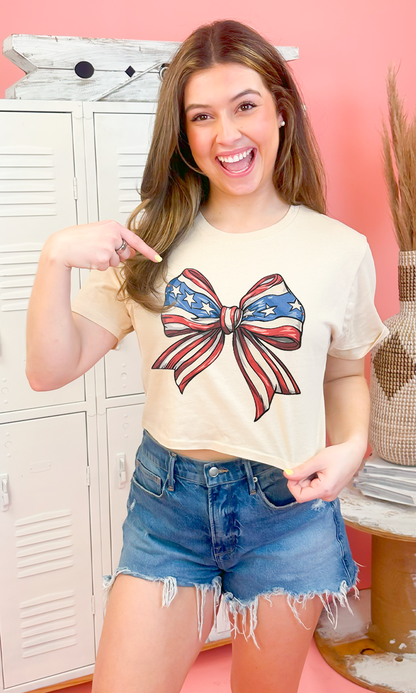 Stars and Stripes Patriotic Bow Graphic Crop Top