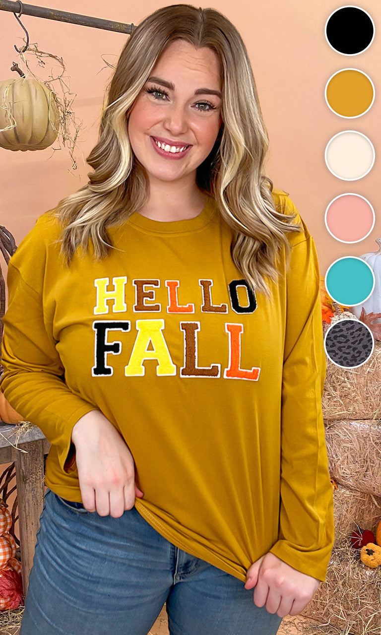 Soft Chenille Hello Fall Graphic Boyfriend Long Sleeve T-Shirt