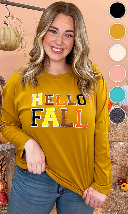 Soft Chenille Hello Fall Graphic Boyfriend Long Sleeve T-Shirt