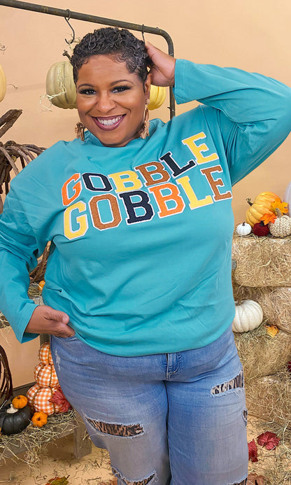 Soft Chenille Gobble Gobble Graphic Boyfriend Long Sleeve T-Shirt