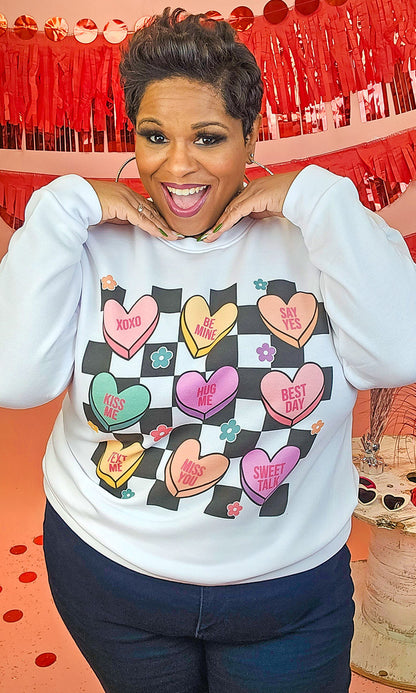Checkerboard Conversation Hearts Graphic Sweatshirt