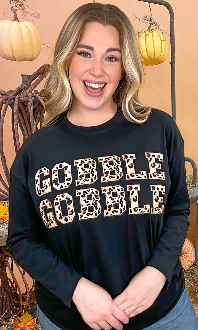Leopard Ideal Chenille Gobble Gobble Graphic Boyfriend Long Sleeve T-Shirt