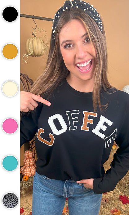Soft Chenille Coffee Graphic Boyfriend Long Sleeve T-Shirt