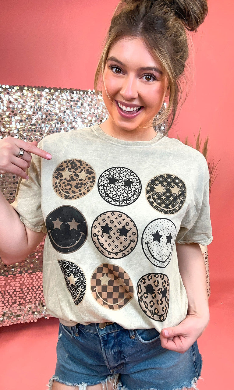 Preppy Smiley Mineral Washed Taupe Graphic Shirt