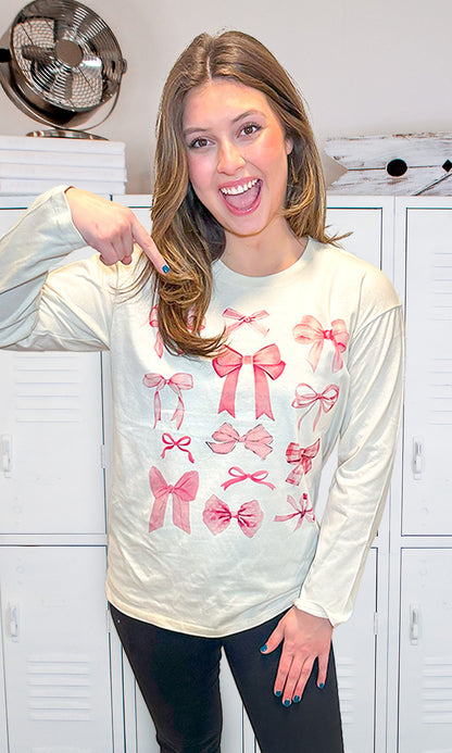 Mixed Bow Long Sleeve Graphic T-Shirt
