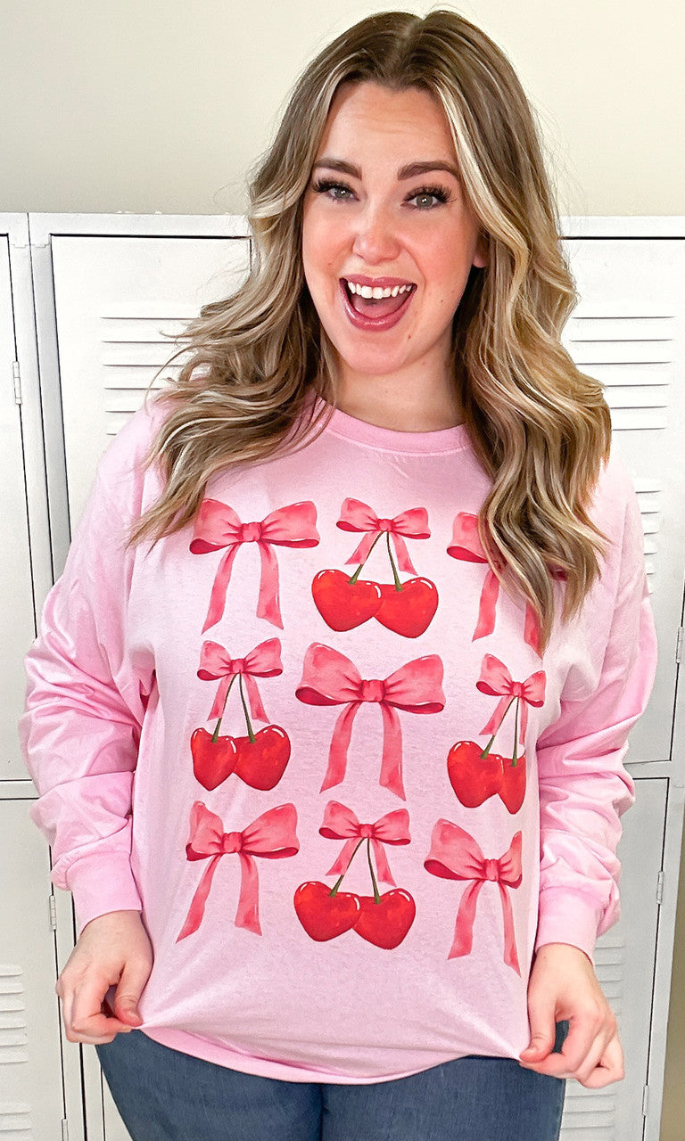 Multi Cherry Bow Long Sleeve Graphic T-Shirt