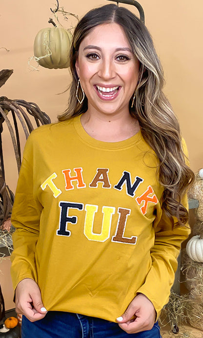 Soft Chenille Thankful Graphic Boyfriend Long Sleeve T-Shirt