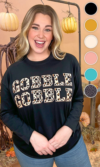 Leopard Ideal Chenille Gobble Gobble Graphic Boyfriend Long Sleeve T-Shirt