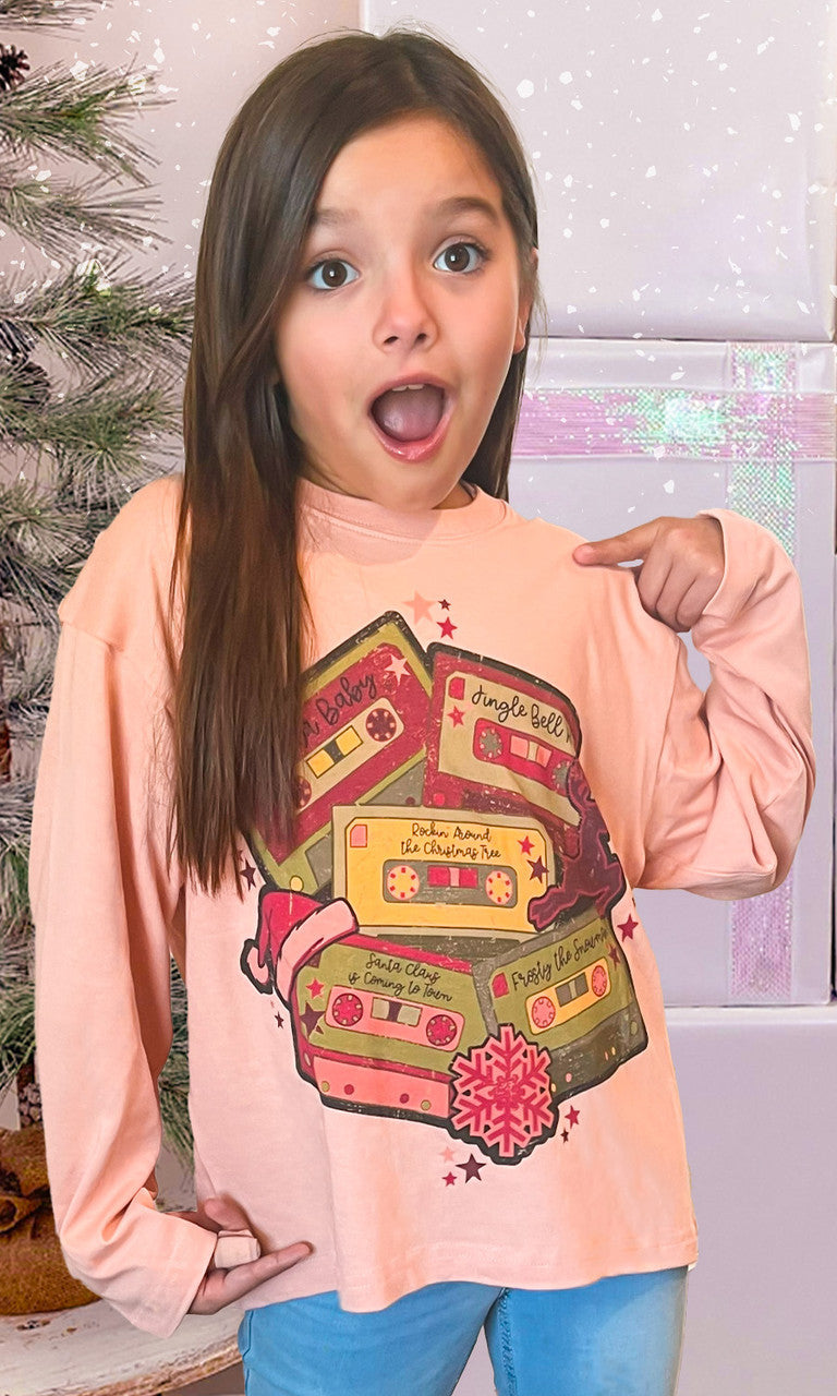 Christmas Cassettes Graphic Boyfriend Long Sleeve T-Shirt