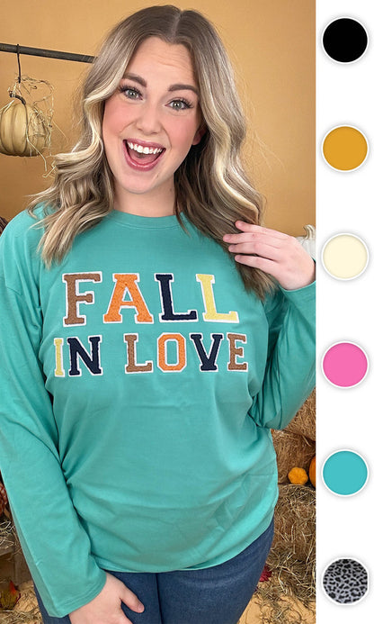 Soft Chenille Fall in Love Graphic Boyfriend Long Sleeve T-Shirt
