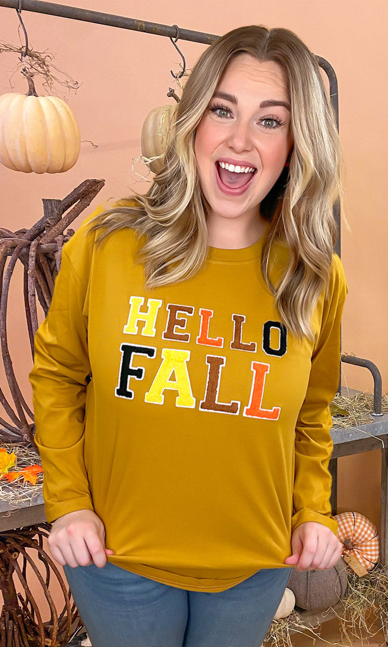 Soft Chenille Hello Fall Graphic Boyfriend Long Sleeve T-Shirt