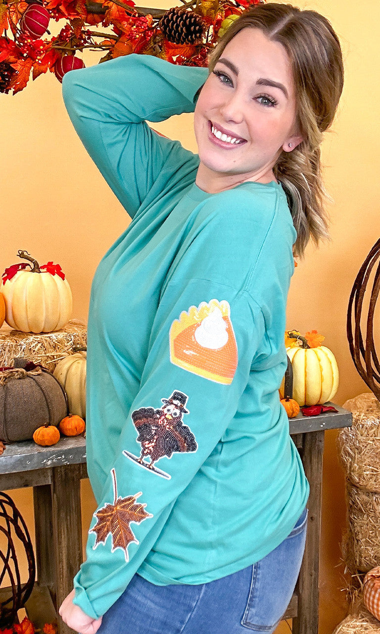 Thanksgiving Sparkle Sleeve Boyfriend Long Sleeve T-Shirt