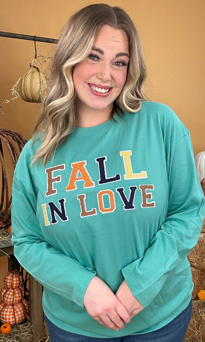 Soft Chenille Fall in Love Graphic Boyfriend Long Sleeve T-Shirt