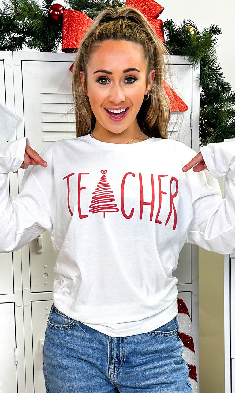 Christmas Teacher Tree Graphic Boyfriend Long Sleeve T-Shirt