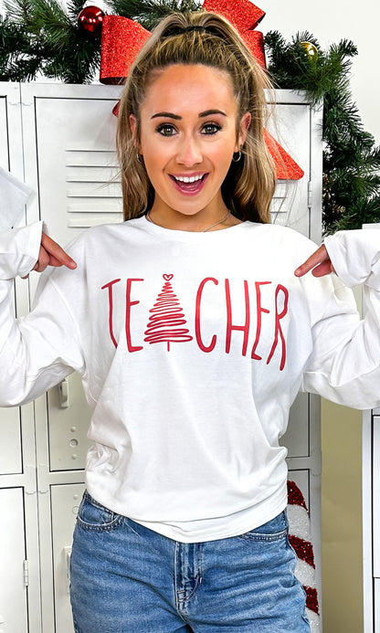 Christmas Teacher Tree Graphic Boyfriend Long Sleeve T-Shirt