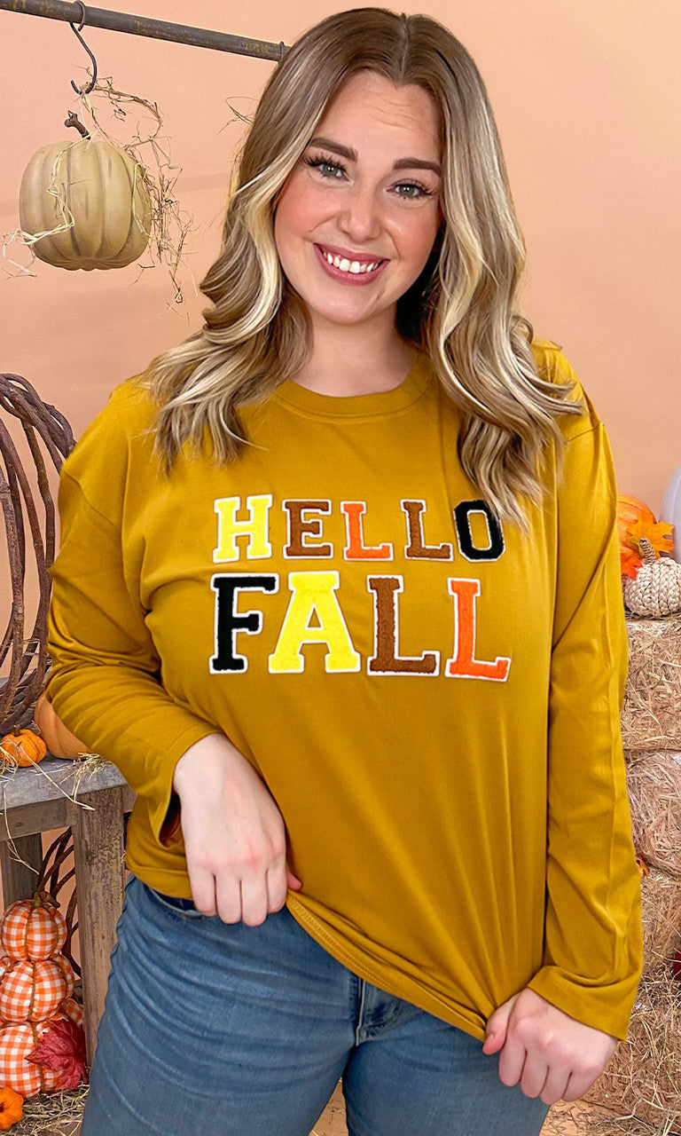Soft Chenille Hello Fall Graphic Boyfriend Long Sleeve T-Shirt