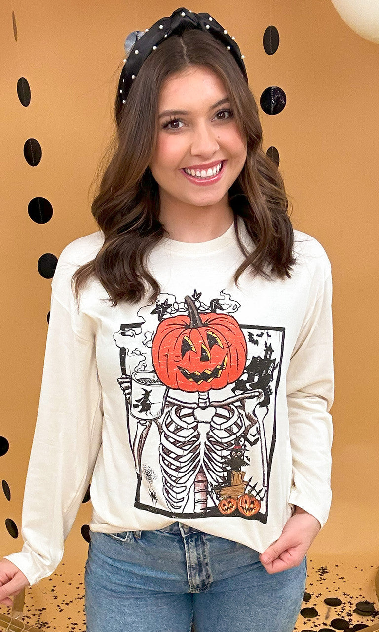 Scary Skeleton Boyfriend Long Sleeve Graphic T-Shirt