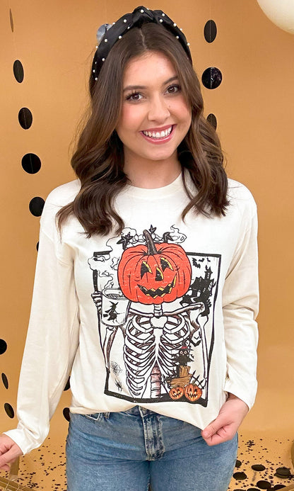 Scary Skeleton Boyfriend Long Sleeve Graphic T-Shirt