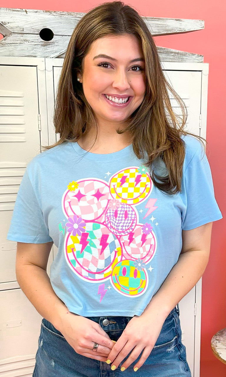 Checkerboard Smiley Face Graphic Crop Top