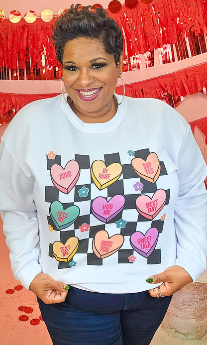 Checkerboard Conversation Hearts Graphic Sweatshirt