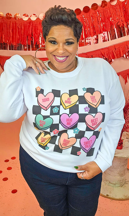 Checkerboard Conversation Hearts Graphic Sweatshirt