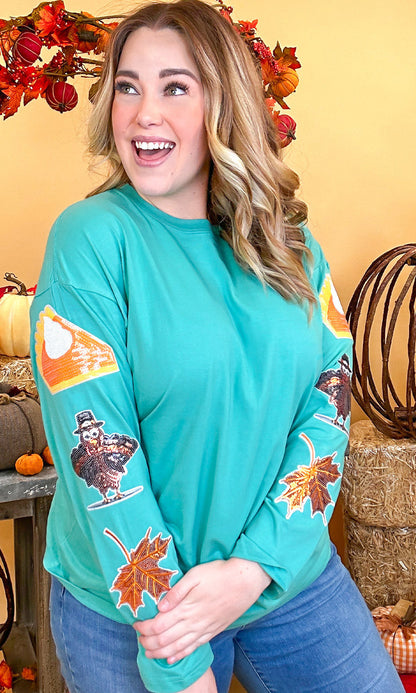 Thanksgiving Sparkle Sleeve Boyfriend Long Sleeve T-Shirt