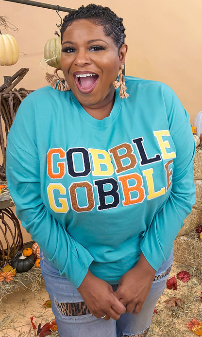 Soft Chenille Gobble Gobble Graphic Boyfriend Long Sleeve T-Shirt