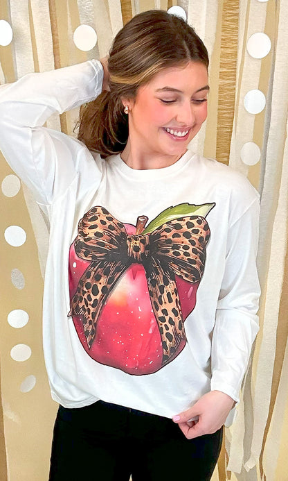 Apple Cheetah Bow Rhinestone Graphic Long Sleeve Shirt