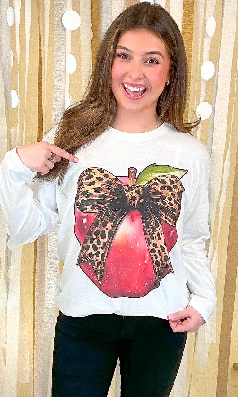 Apple Cheetah Bow Rhinestone Graphic Long Sleeve Shirt