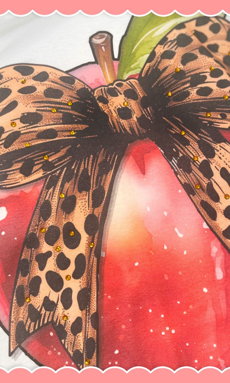 Apple Cheetah Bow Rhinestone Graphic Long Sleeve Shirt