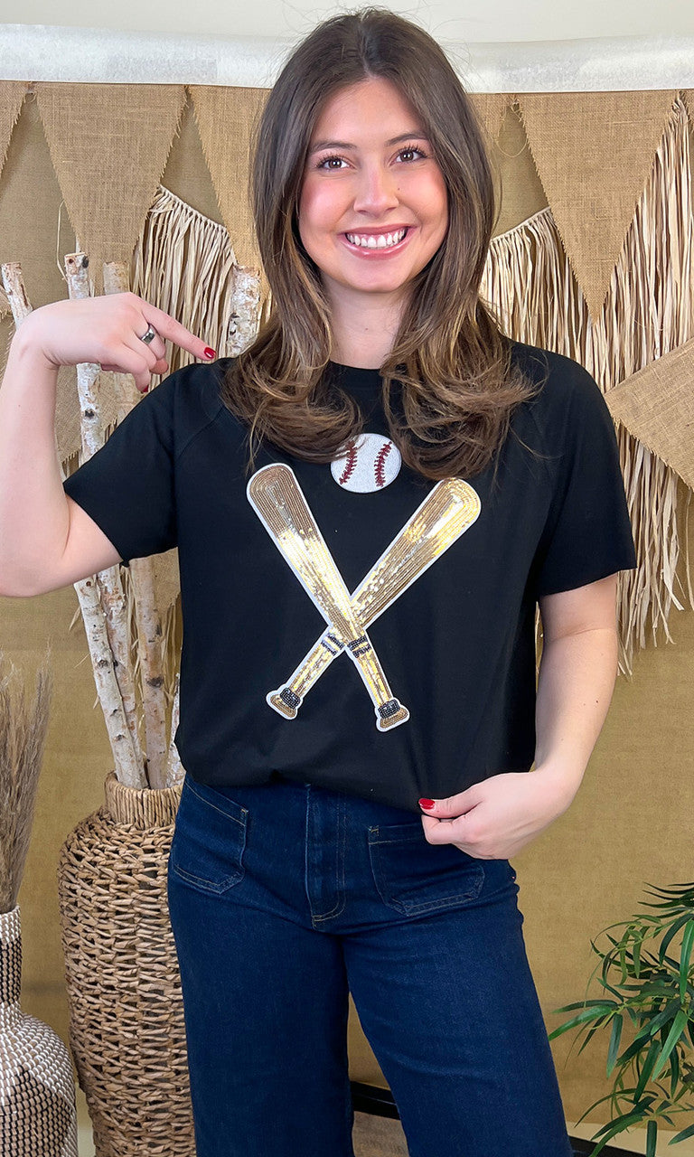 Crossed Bats Sequin Baseball Graphic T-Shirt